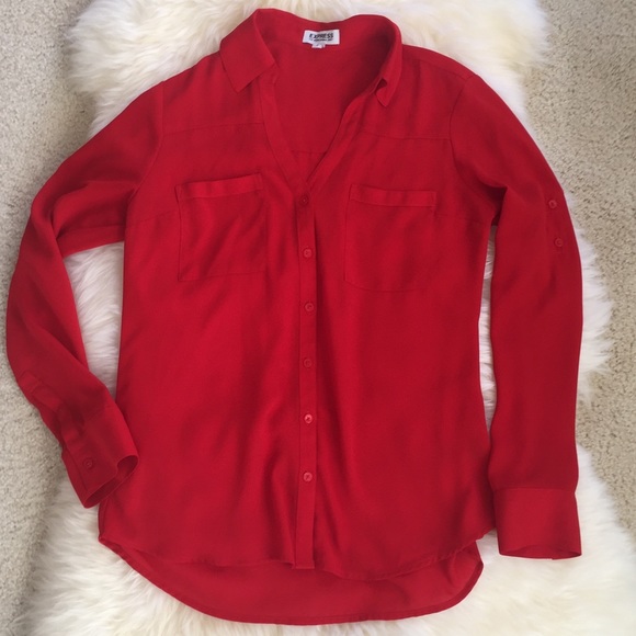 Express Scarlet Red Portofino Button Up Blouse - Picture 8 of 9